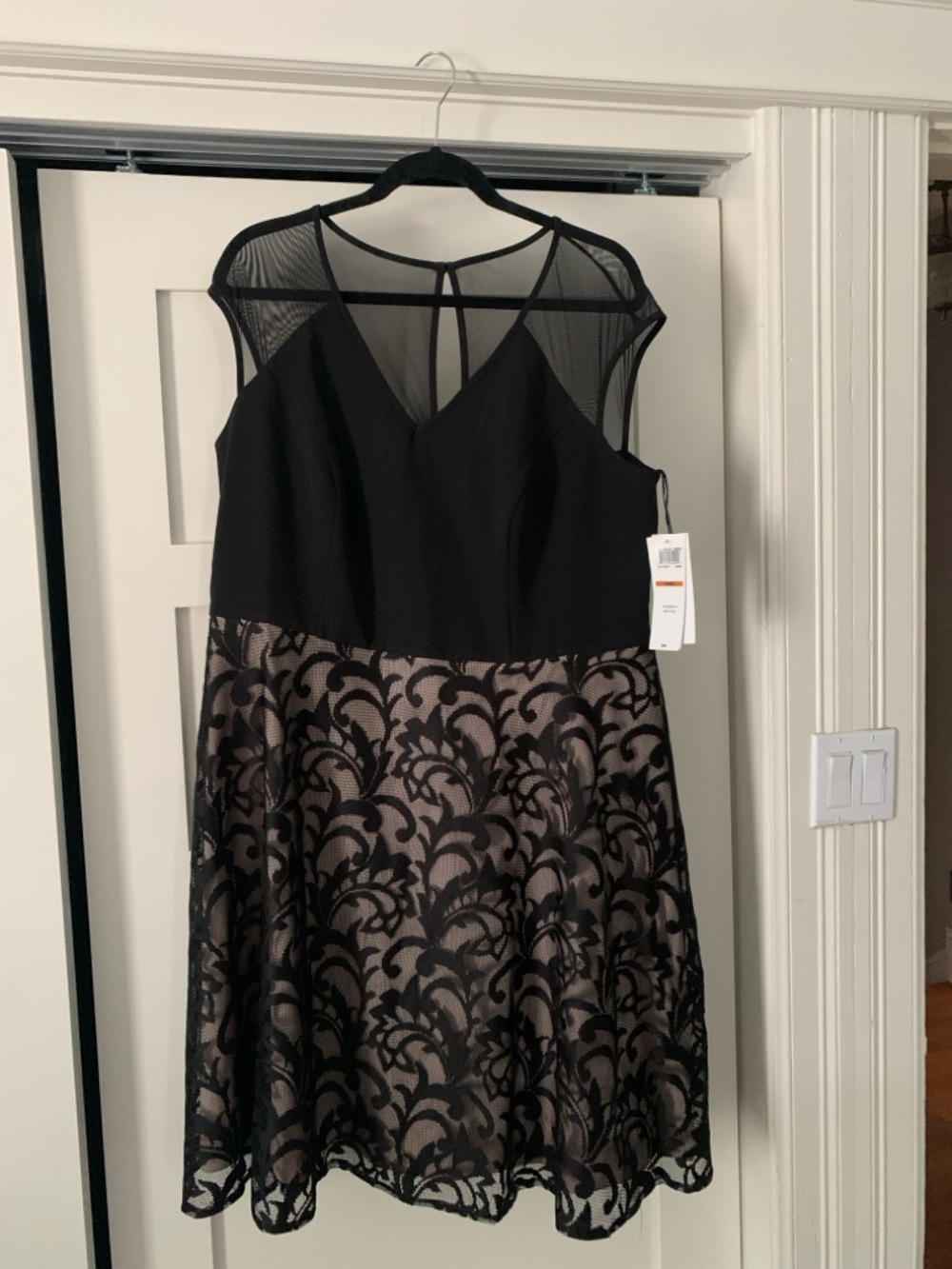 London Times Black Mesh Bodice with Black Lace Overlay on Nude Midi Dress